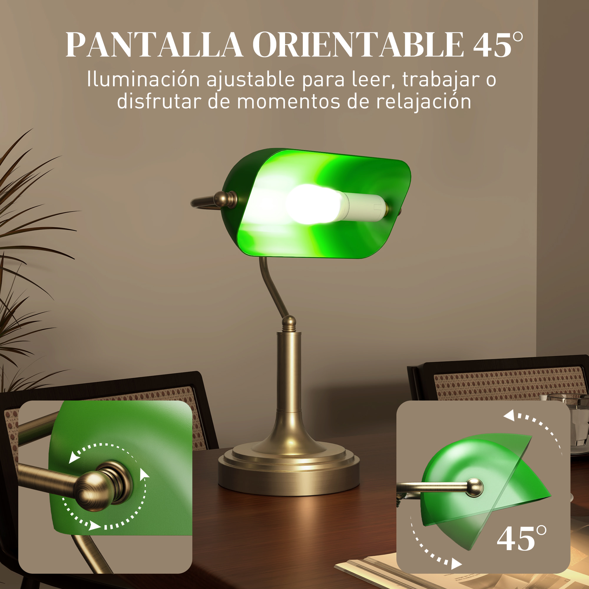 Lámpara de Mesa Vintage Banquero Lámpara de Escritorio Banker E27 con Pantalla Orientable a 45° Interruptor Basculante para Hogar Oficina Biblioteca Verde