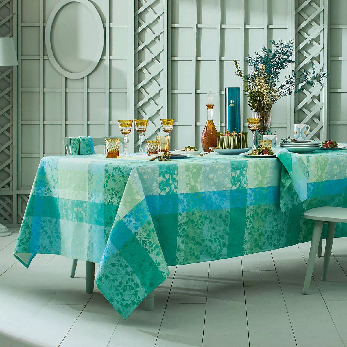 Set pur coton enduit motif jacquard Mille feuillages turquoise
