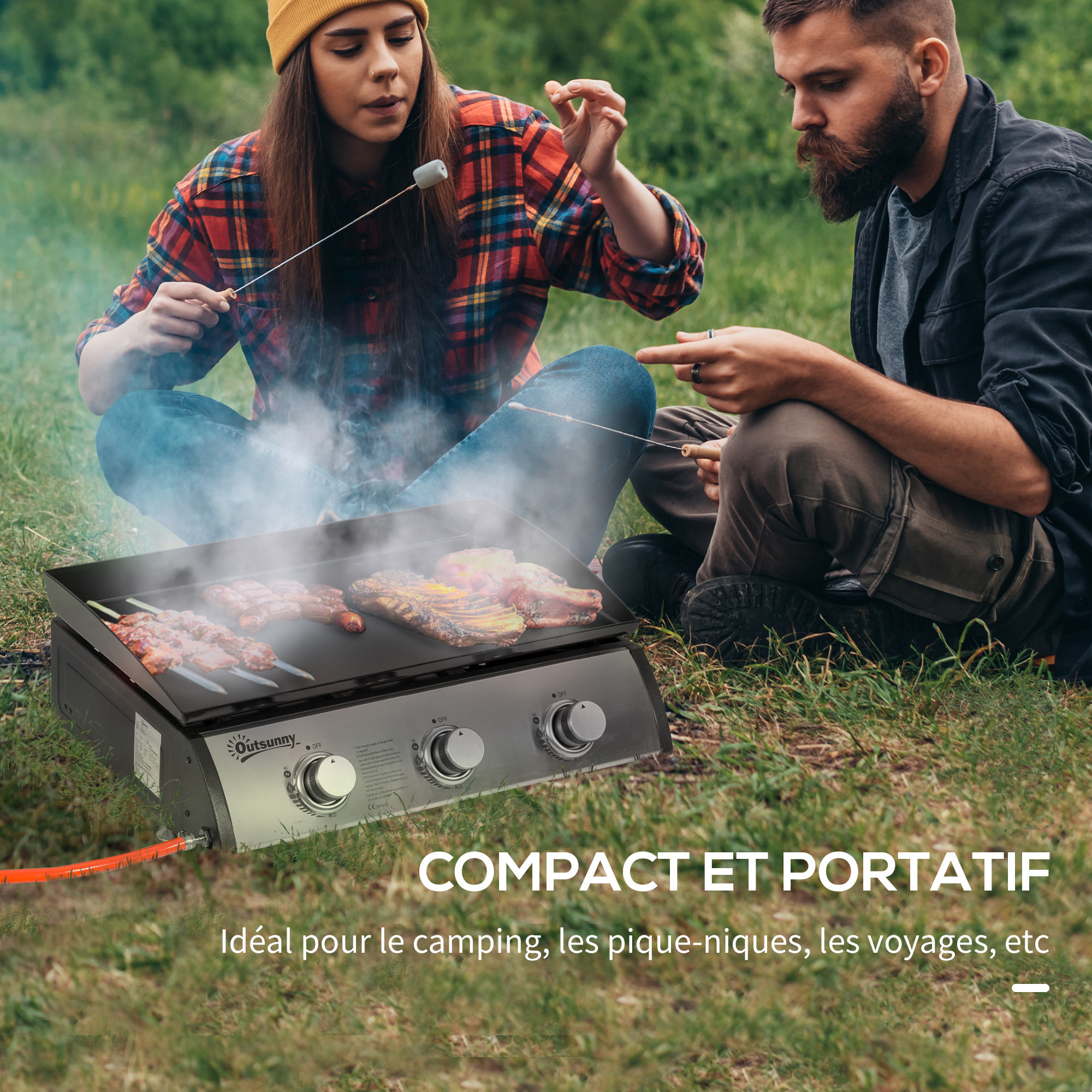 Plancha gaz de table portable réglable - 3 brûleurs 9 kW - barbecue gaz camping - plaque de cuisson, réceptacle graisse - acier noir métal