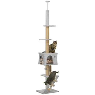 Árbol para Gatos de Suelo a Techo de 225-265 cm Árbol Rascador para Gatos con Altura Ajustable Múltiples Plataformas Escalera Bola Colgante Gris Claro