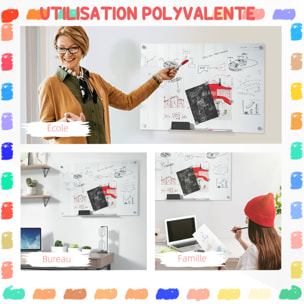 Tableau magnétique en verre dim. 90L x 60l cm - gouttière alu, matériel de fixation et accessoires inclus - blanc mat