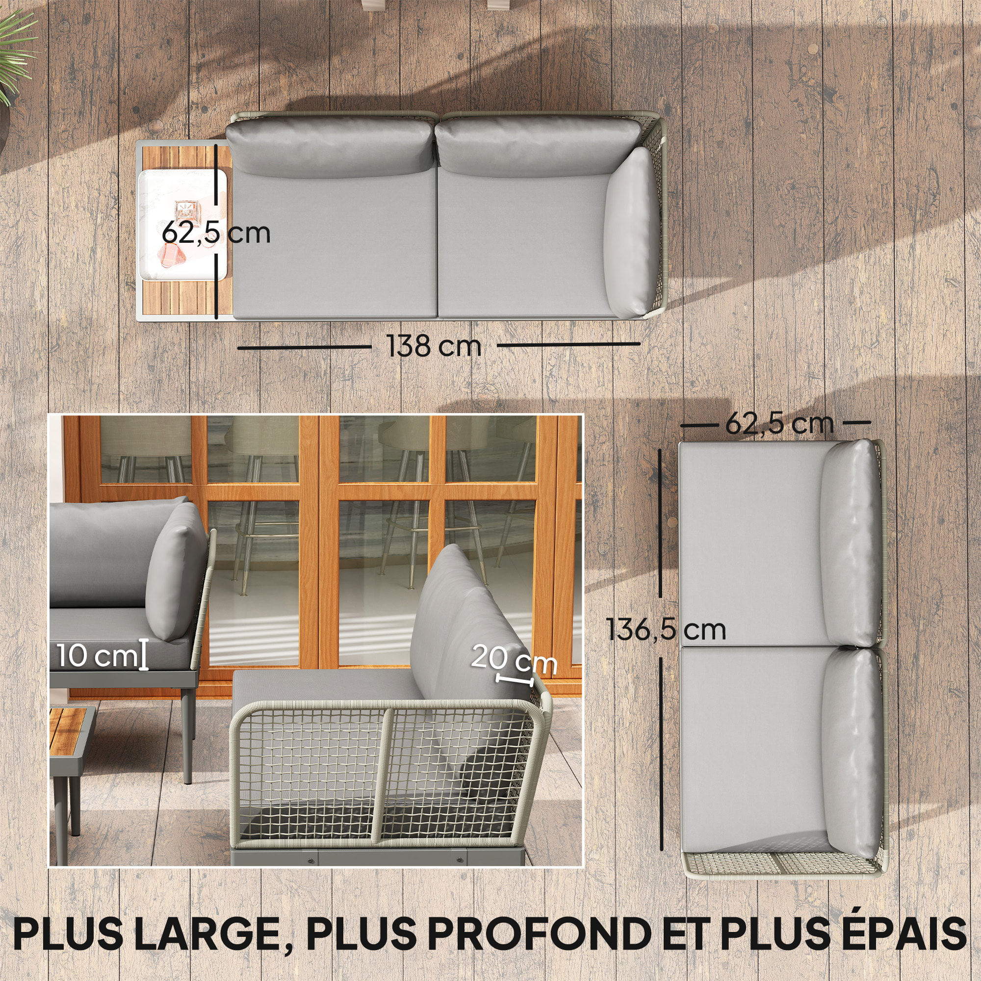 Salon de jardin design modulable 4 places 3 pièces acier coussins gris étagère plateau bois acacia