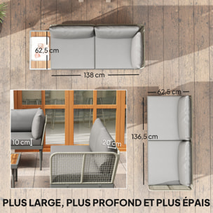 Salon de jardin design modulable 4 places 3 pièces acier coussins gris étagère plateau bois acacia