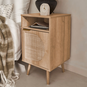 Table de chevet décor bois et cannage arrondi 1 porte EVA