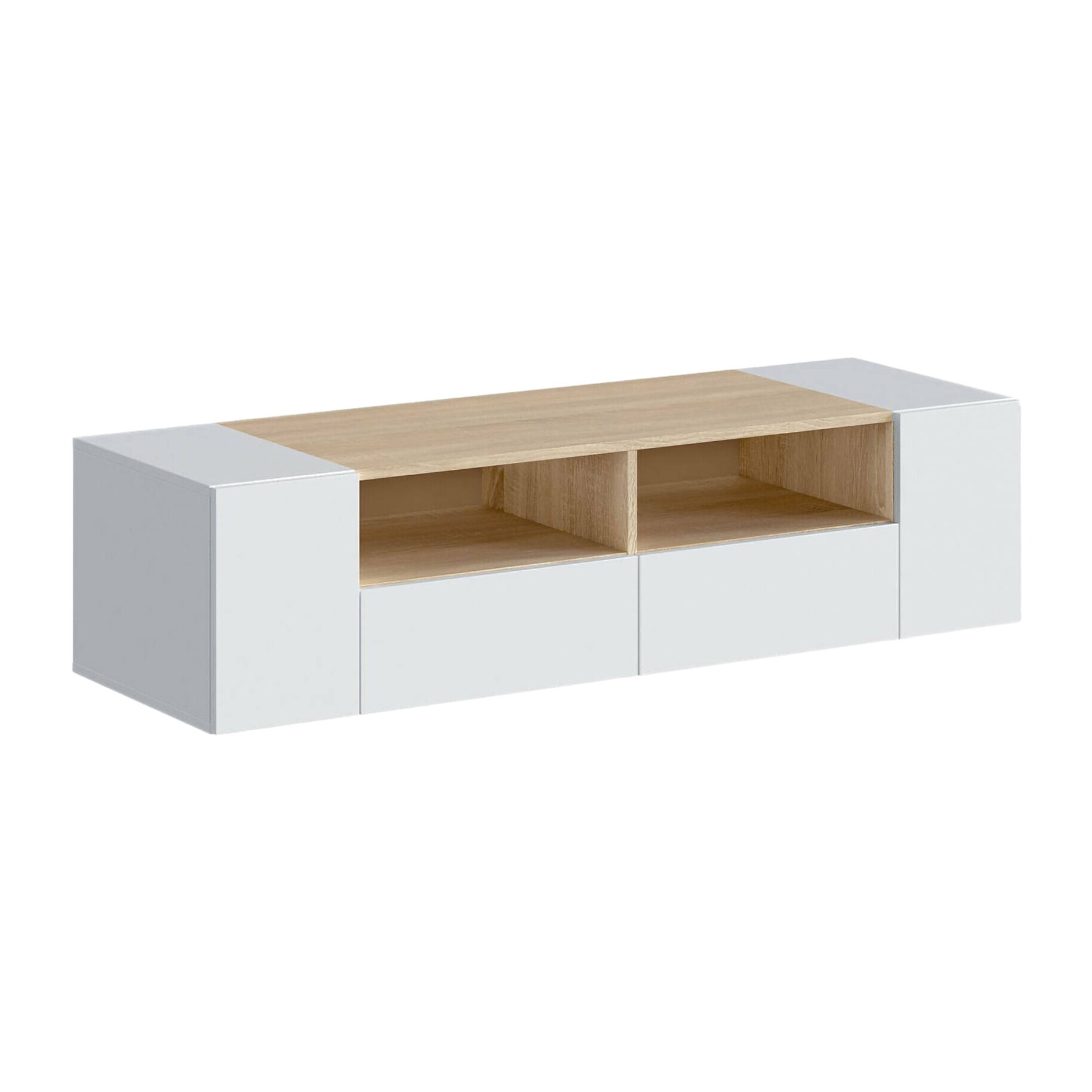 Mobile porta TV Topeka, Credenza per televisione da soggiorno, Supporto per TV moderno, Credenza bassa multiuso, cm 138x42h36, Bianco e Rovere