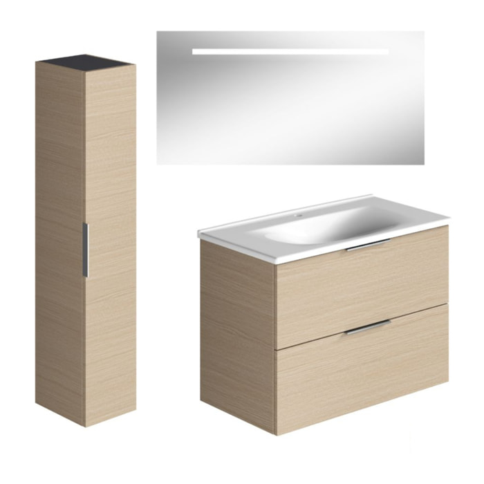 Meuble vasque 90 cm BURGBAD Olena chêne clair + miroir + colonne de salle de bain