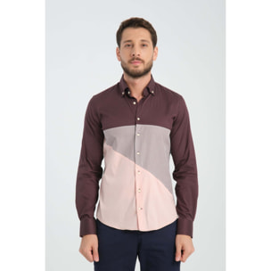 Camicia Uomo 1 Bottone Button Down Doppio Popeline Stretch Unito Bordeaux