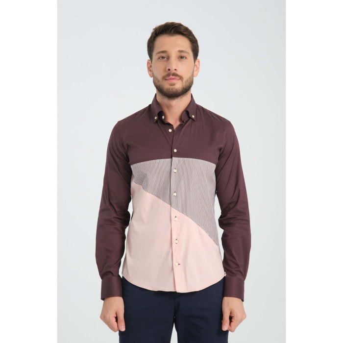 Camicia Uomo 1 Bottone Button Down Doppio Popeline Stretch Unito Bordeaux