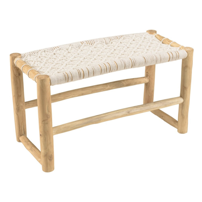 WILL - Banc en branches de teck naturel assise en macramé blanc
