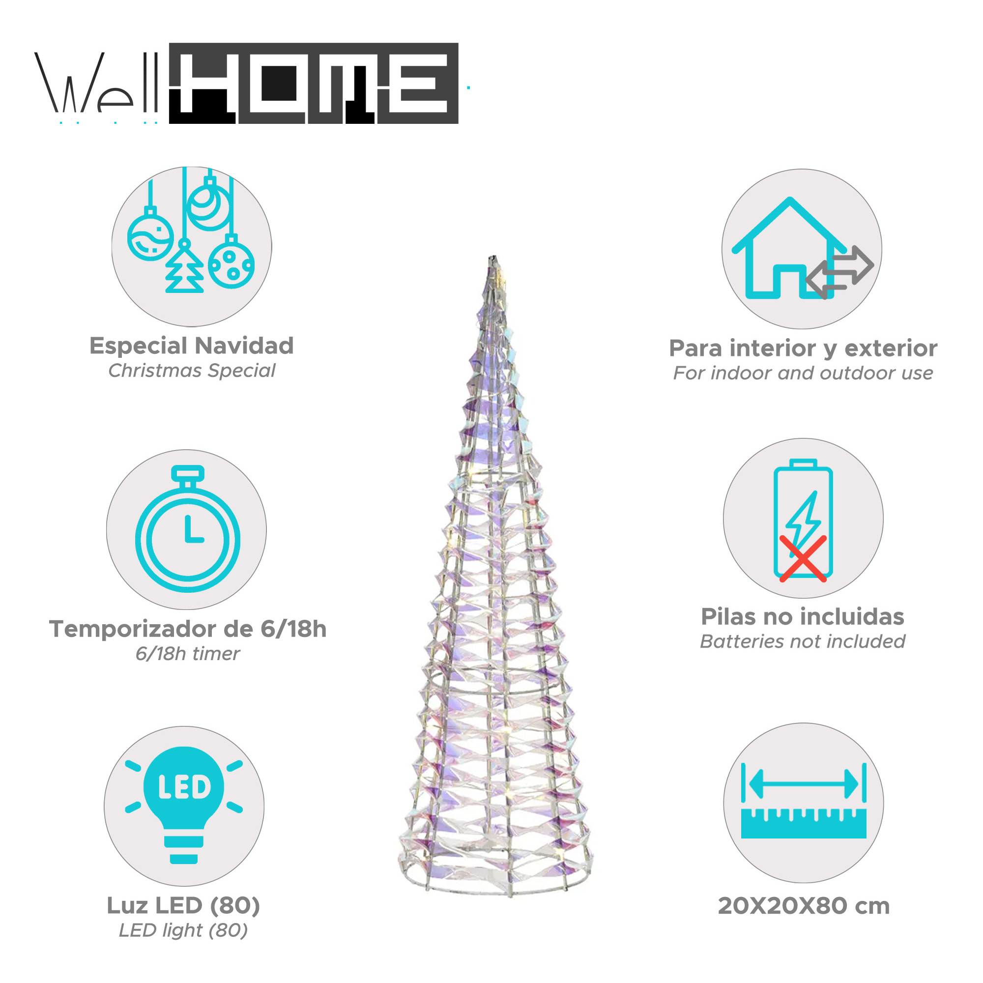 árbol decorativo navideño con 80 micro led de diseño retorcido h.80cm
