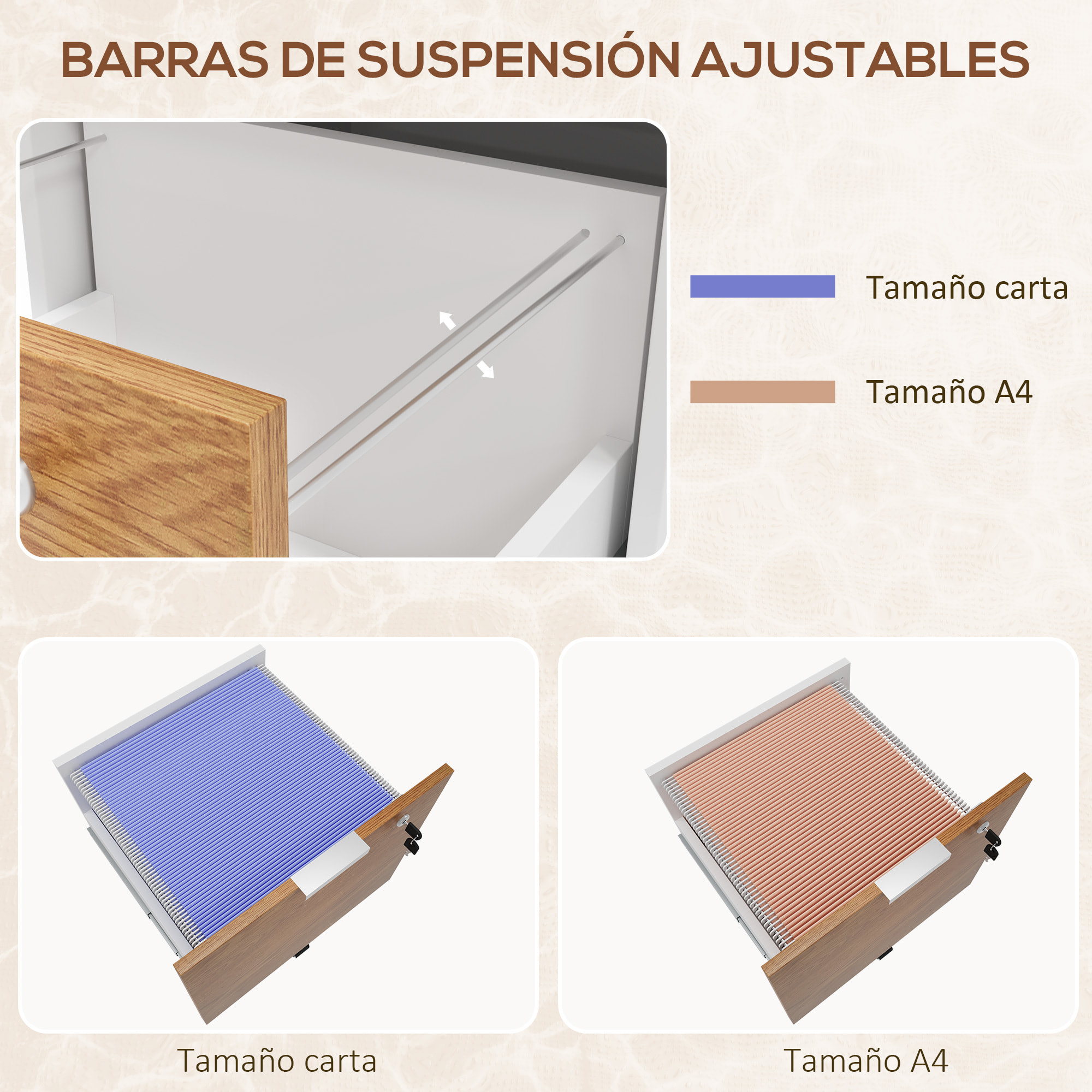 Cajonera de Oficina Mueble Archivador con 4 Ruedas 2 Cajones 2 Barras Colgantes Cerradura y 2 Llaves para Tamaño A4 Carta para Estudio Salón 42x40x60 cm Blanco y Natural