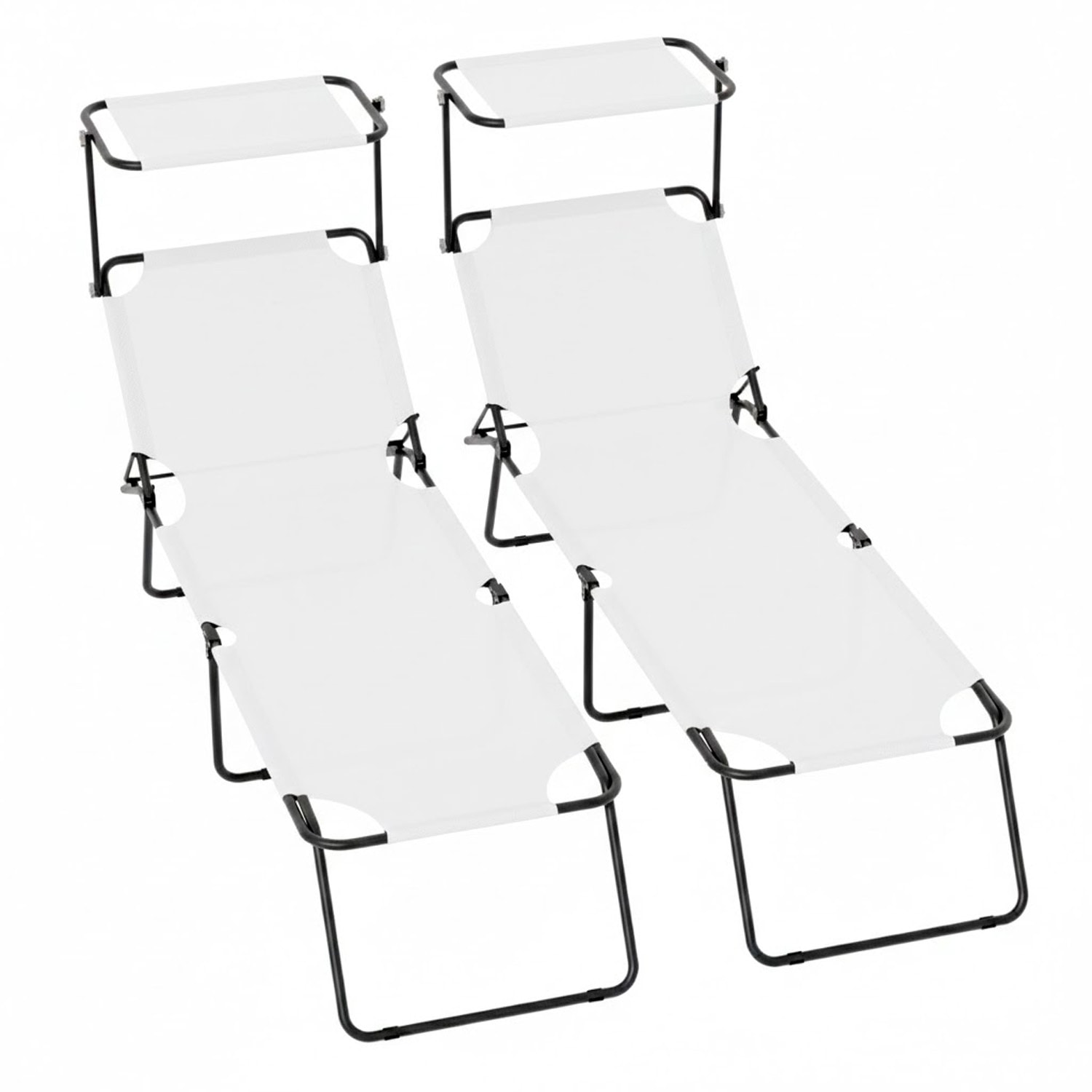 2 Lettini Pieghevoli con Tettuccio Regolabile e Schienale Reclinabile, Struttura in Metallo Nero, Sdraio Prendisole 187 x 53 x 24 cm (Bianco)