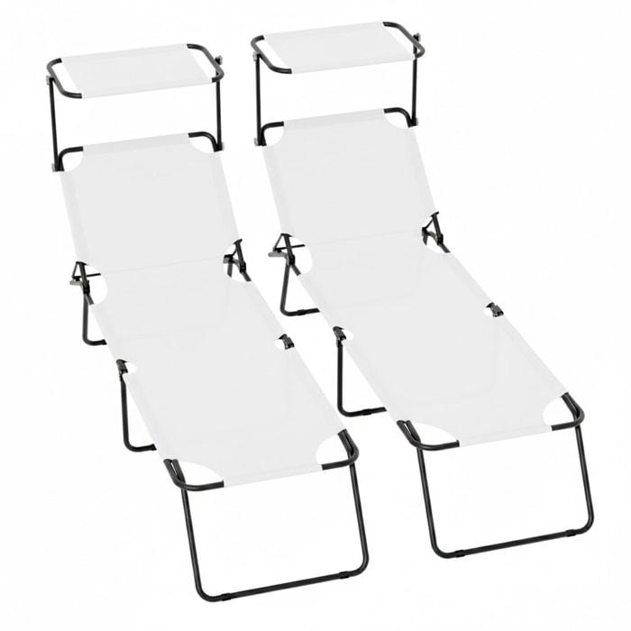 2 Lettini Pieghevoli con Tettuccio Regolabile e Schienale Reclinabile, Struttura in Metallo Nero, Sdraio Prendisole 187 x 53 x 24 cm (Bianco)