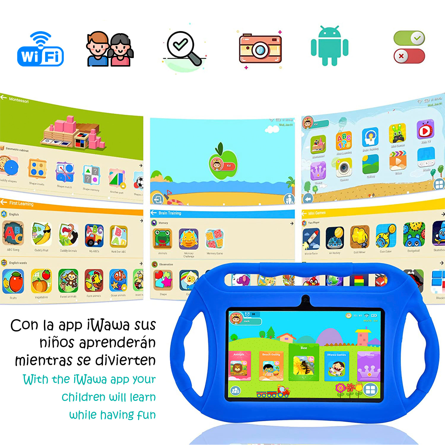 Tablet per bambini WiFi Q8. Sistema operativo Android 10 con IWAWA. Schermo 7'' 1024x600px. Allwinner A100, ARM Cortex™-A53 Quad-Core, 1,6 Ghz 1 GB di RAM + 16 GB. Doppia camera, involucro in silicone.