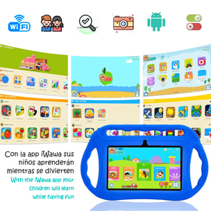 Tablet per bambini WiFi Q8. Sistema operativo Android 10 con IWAWA. Schermo 7'' 1024x600px. Allwinner A100, ARM Cortex™-A53 Quad-Core, 1,6 Ghz 1 GB di RAM + 16 GB. Doppia camera, involucro in silicone.