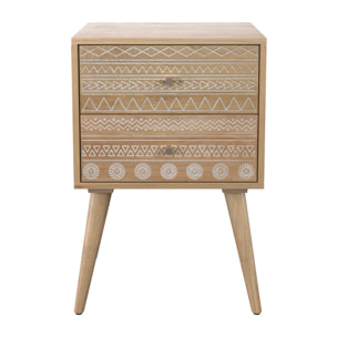 Table de chevet en bois de manguier gravé 2 tiroirs - Tiny