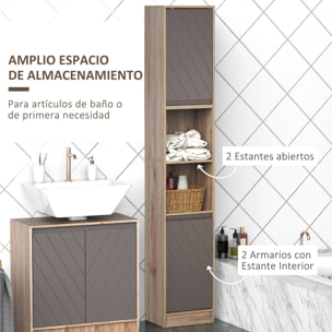 Armario Alto para Baño Columna de Baño con 2 Puertas y 2 Estantes Abiertos Mueble Auxiliar de Almacenaje para Salón Recibidor 30x24x170 cm Roble y Gris