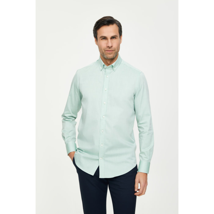Camicia Uomo 1 Bottone Button Down Slim Cotone Unito Verde Chiaro