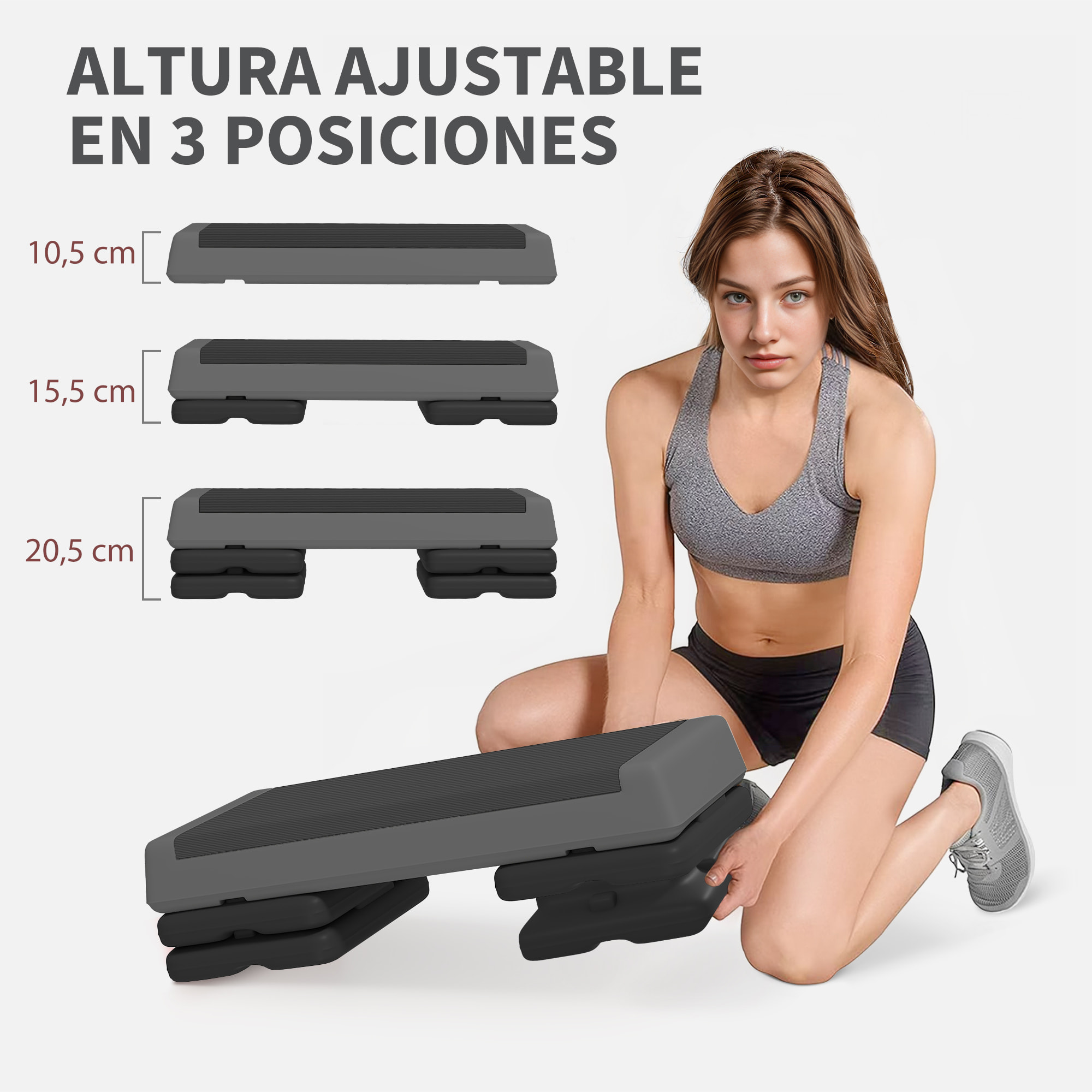 Step de Aeróbic, Step para Fitness Antideslizante, Altura Regulable 3 Niveles de 10,5/15,5/20,5 cm, Carga 250 kg, para Ejercicio en Casa, Gimnasio, 77x36x20,5 cm, Gris y Negro