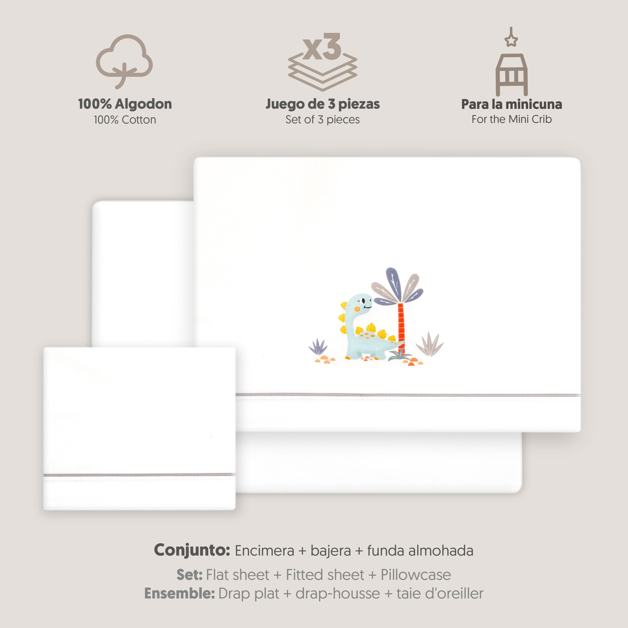 Triptico Minicuna Estampado Dinosaurio Palmera Bco/Gris