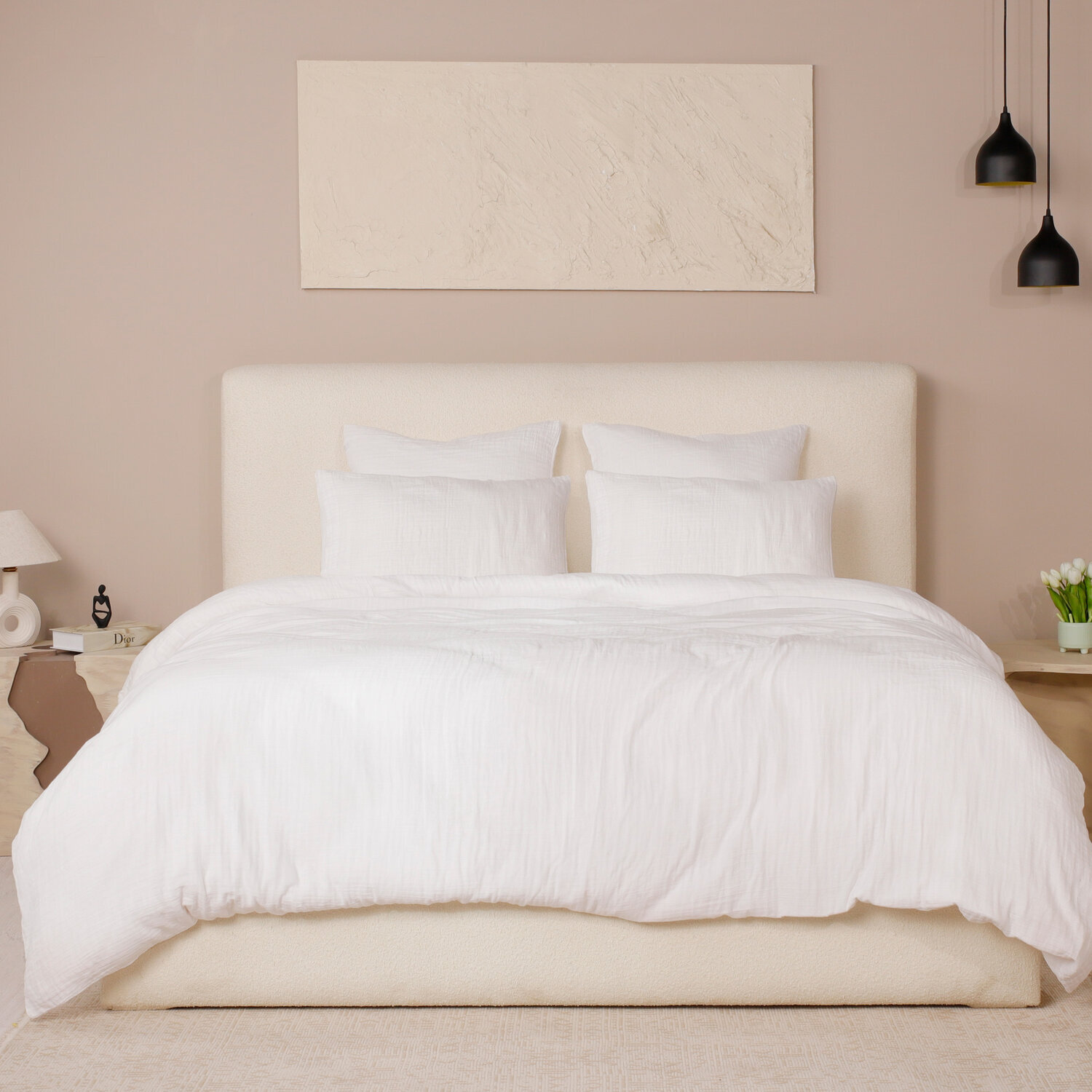 Parure housse de couette gaze de coton lavé blanc pur