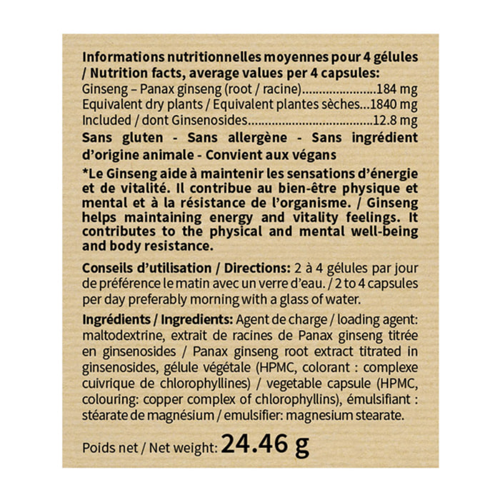 NUTRI EXPERT - Ginseng Rouge - Aide a lutter contre la fatigue et le stress - Soutien des défenses naturelles et vitalité - Stimule le système immunitaire - 100% Extraits Racine de Ginseng - 60 Gélules