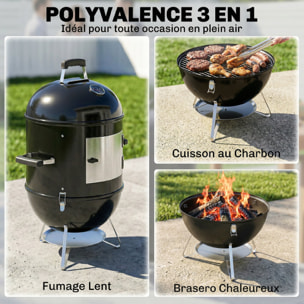 Barbecue braséro fumoir 3 en 1 - 3 grilles de cuisson, thermomètre - noir