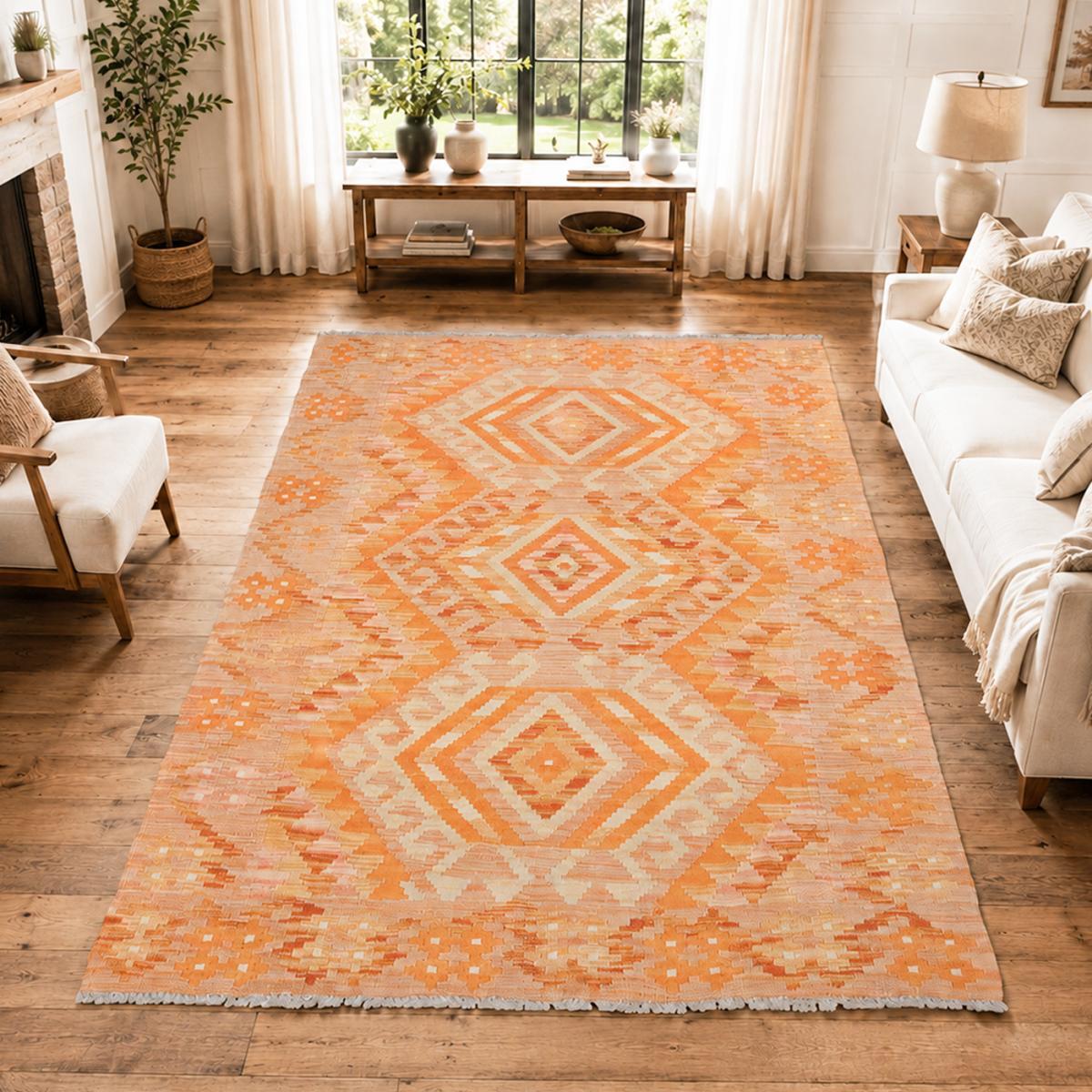 Tapis kilim géométrique, tissé plat en laine, ZIRU