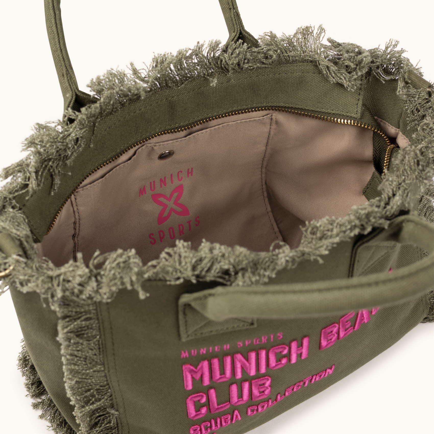 Bolso Bandolera Caqui de Algodón Reciclado con Flecos y Bordado Rosa SCUBA KHAKI CROSSBODY