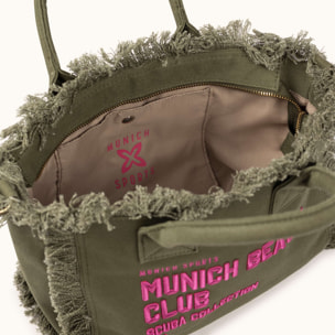 Bolso Bandolera Caqui de Algodón Reciclado con Flecos y Bordado Rosa SCUBA KHAKI CROSSBODY