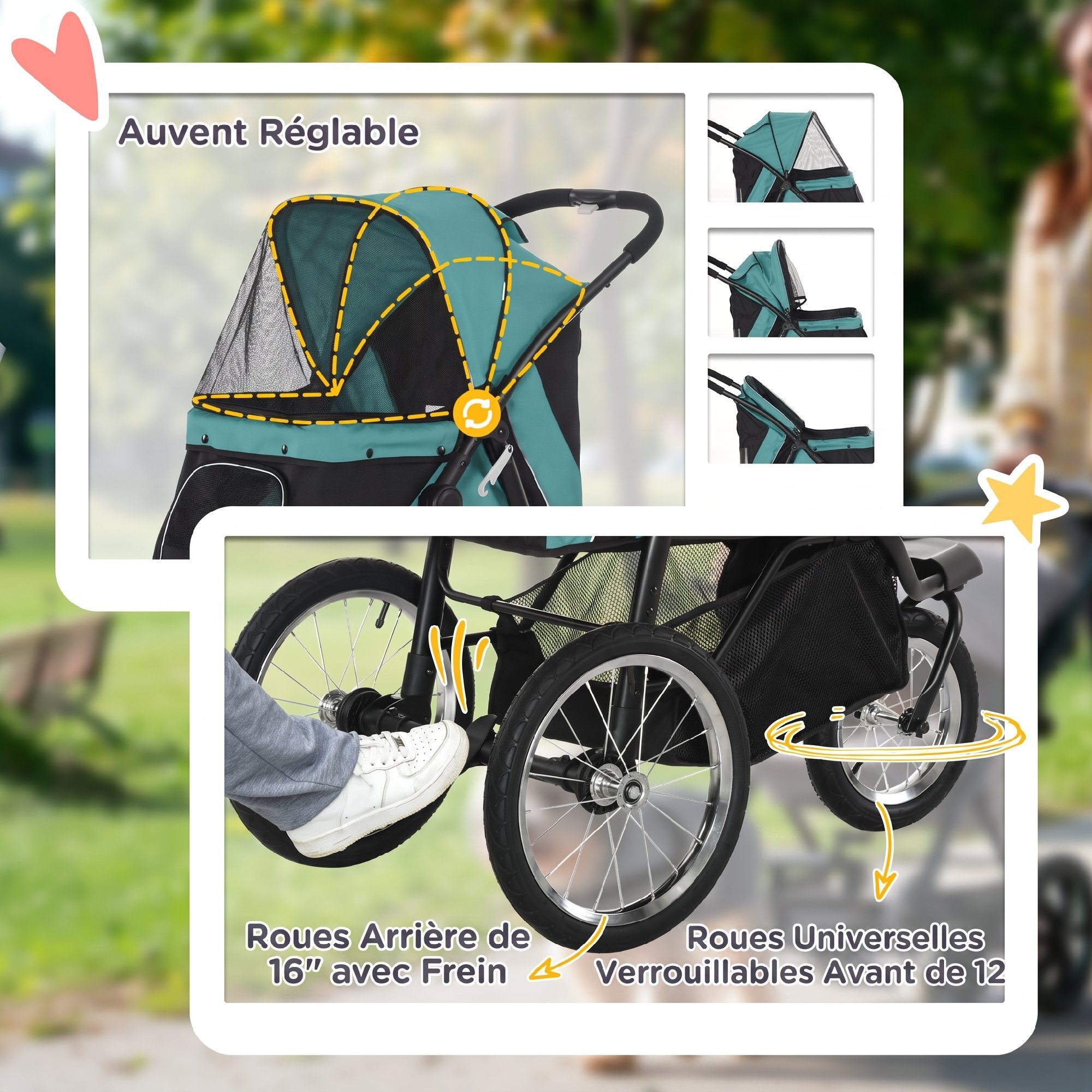 Poussette buggy pour chien pliable 3 grandes roues vert noir