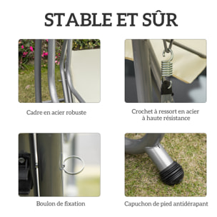 Balancelle de jardin 3 places convertible toit inclinaison réglable 2 tablettes support acier époxy gris polyester crème