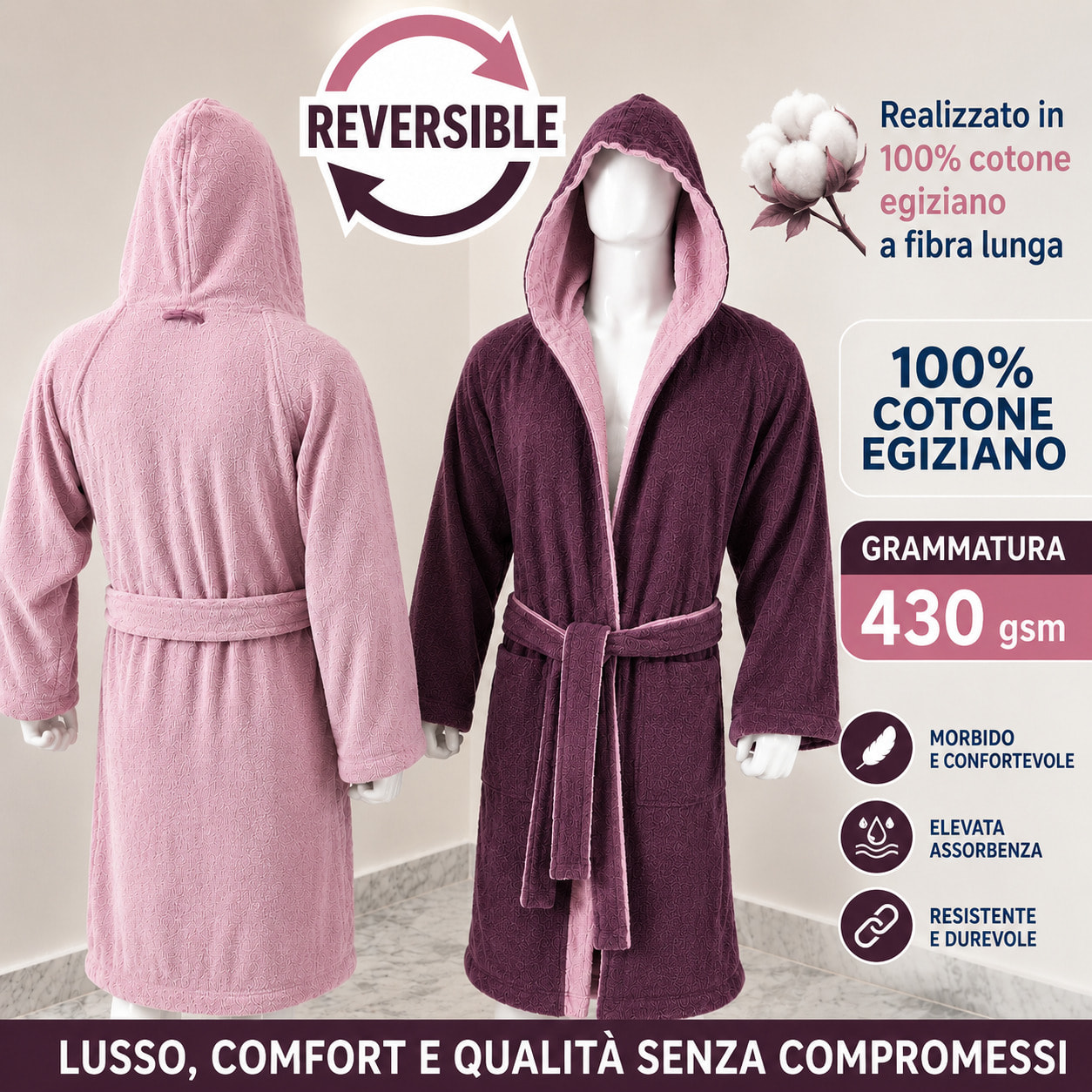 COTONE EGIZIANO Accappatoio Reverse in cotone egiziano 430 gr_Pink Mela