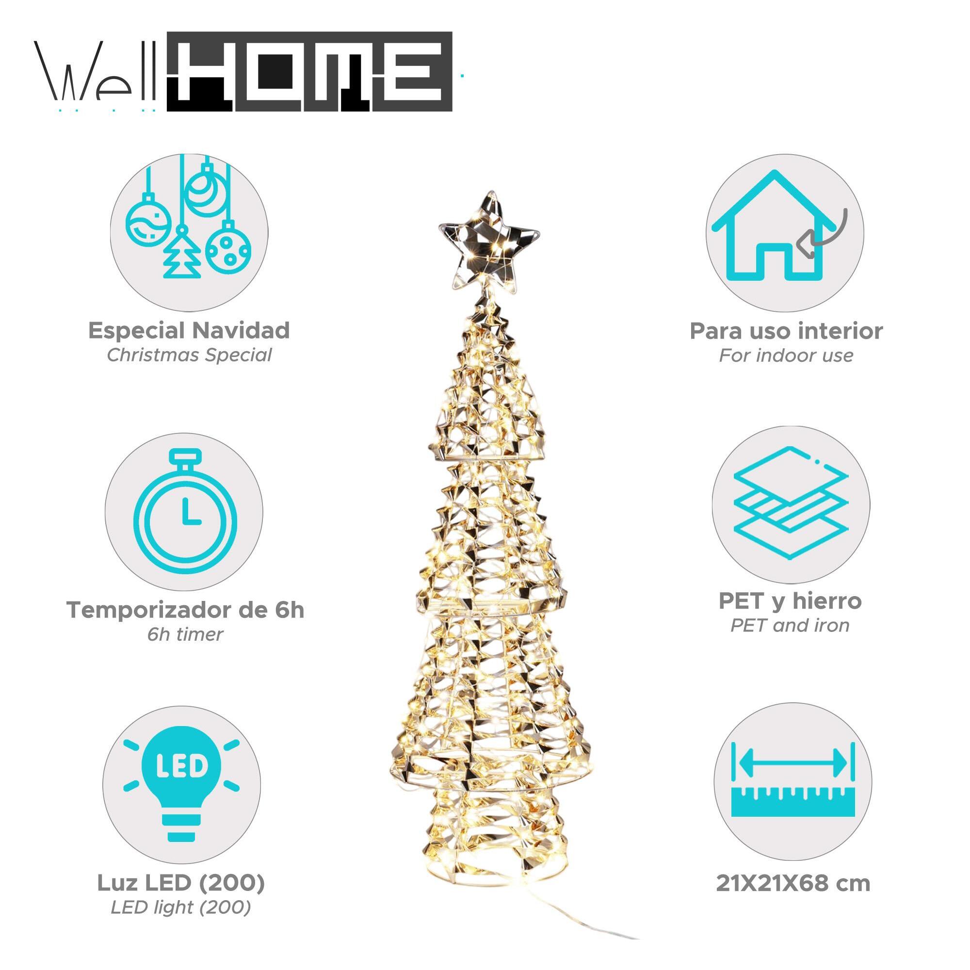 árbol de navidad con 200 micro luces led en blanco cálido diseño retorcido 21x21x68cm