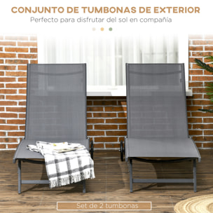 Pack de 2 Tumbonas de Jardín Exterior Tumbonas Reclinables de Aluminio con Respaldo Ajustable de 5 Niveles y Ruedas para Playa Piscina 165x66x102 cm Gris Oscuro
