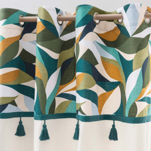 Rideau à œillets polycoton avec top feuillage graphique et pompons - Bleu