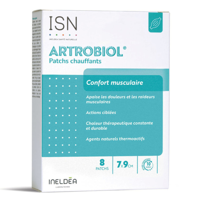 ISN - Artrobiol Patchs Chauffants - Aide à soulager les douleurs et tensions musculaires - Agents thermoactifs - Action chauffante 8h - Dispositif Médical - Etui 8 patchs