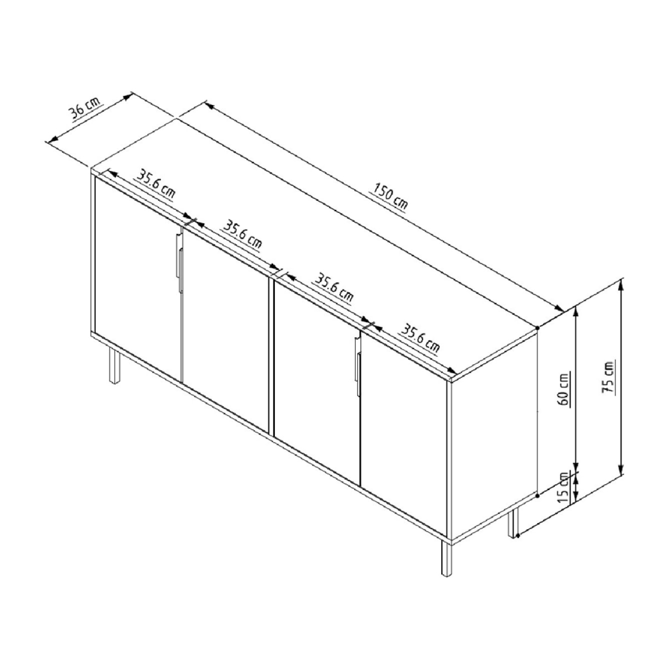 ATLAS Buffet cannelé 4 portes aspect bois 150x75cm