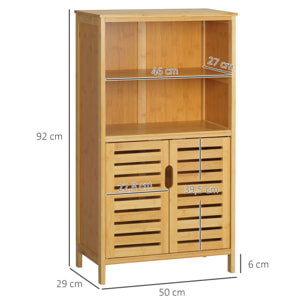 Armario Auxiliar de Baño de Bambú Mueble de Baño Estrecho con 2 Puertas 2 Estantes Abiertos y Patas Elevadas 50x29x92 cm Natural