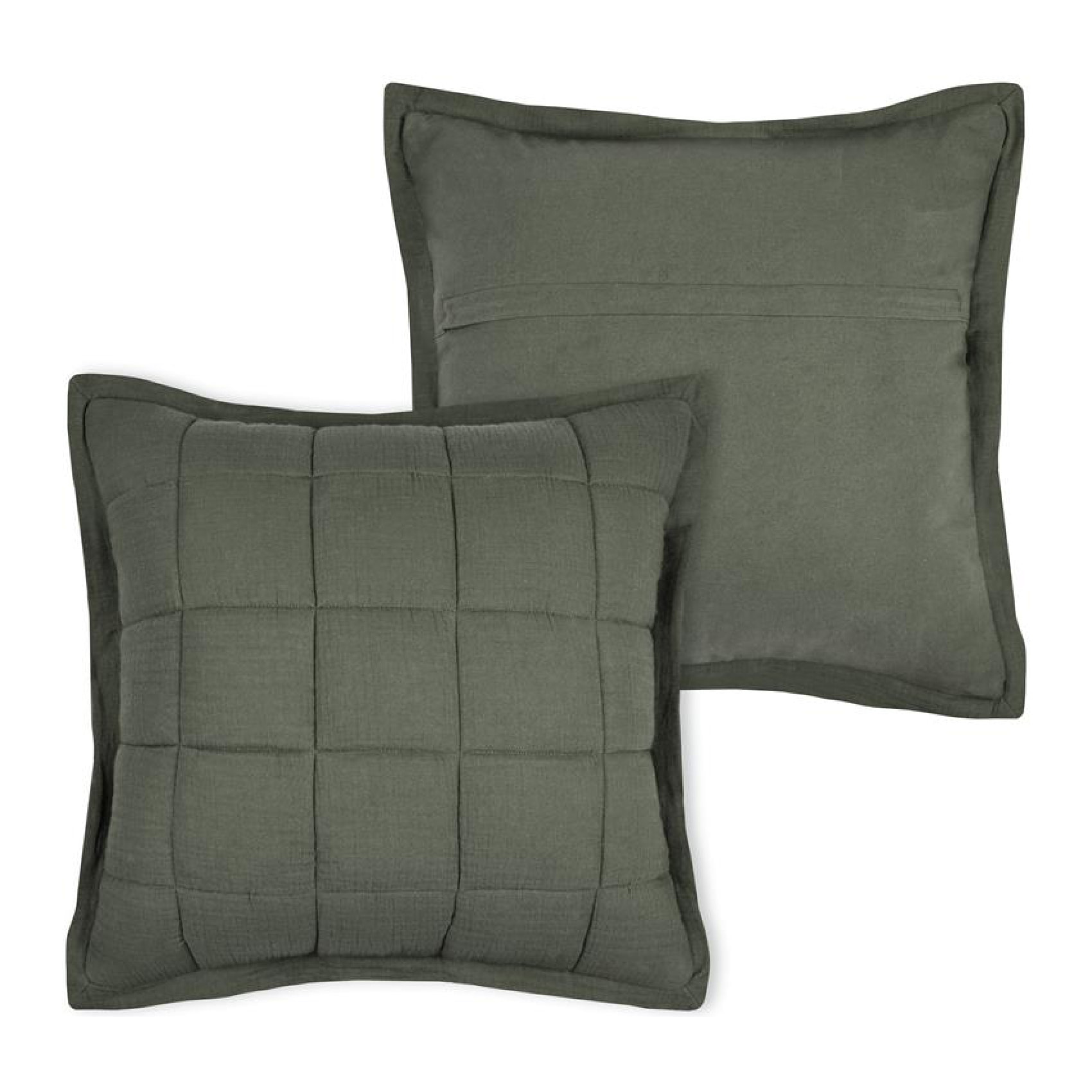 Coussin carré uni en gaze de coton surpiquée - Kaki