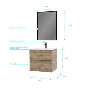 Meuble salle de bain 60x54cm - Finition chene naturel + vasque blanche + miroir - TIMBER 60 - Pack09