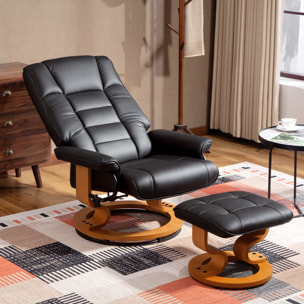 Fauteuil relax inclinable pivotant réglable avec repose-pied bois revêtement synthétique noir