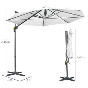 Parasol déporté octogonal inclinable manivelle avec pied en acier Ø 2,94 x 2,48H m blanc