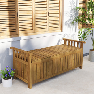 Banc de jardin avec coffre de rangement 186L - accoudoirs - dim. 128 x 56 x 53 cm - habillage PVC bois de sapin pré-huilé