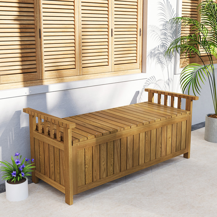Banc de jardin avec coffre de rangement 186L - accoudoirs - dim. 128 x 56 x 53 cm - habillage PVC bois de sapin pré-huilé