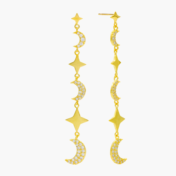 Pendientes largos con lunas y estrellas