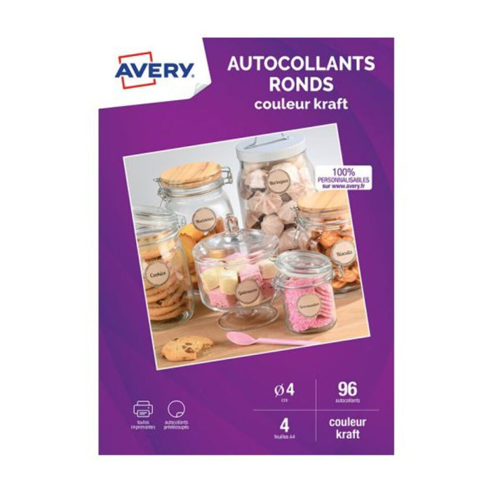 Papier créatif AVERY 96 autocollants ronds kraft 4cm