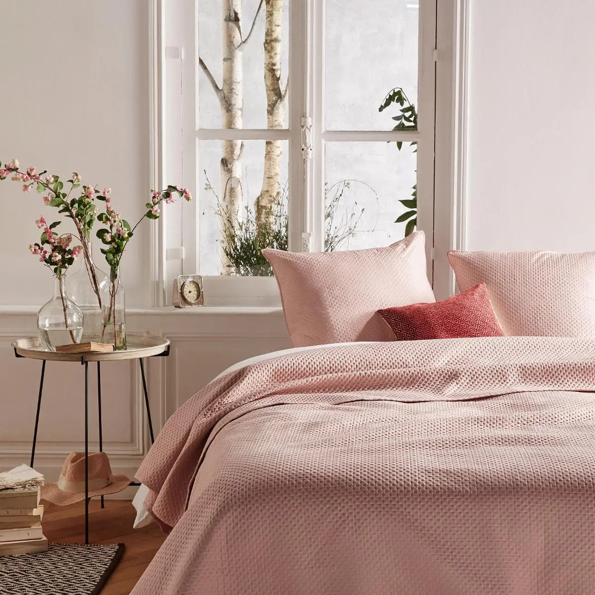 Dessus de lit + 2 taies "Dolce" rose poudré - 260x240 cm