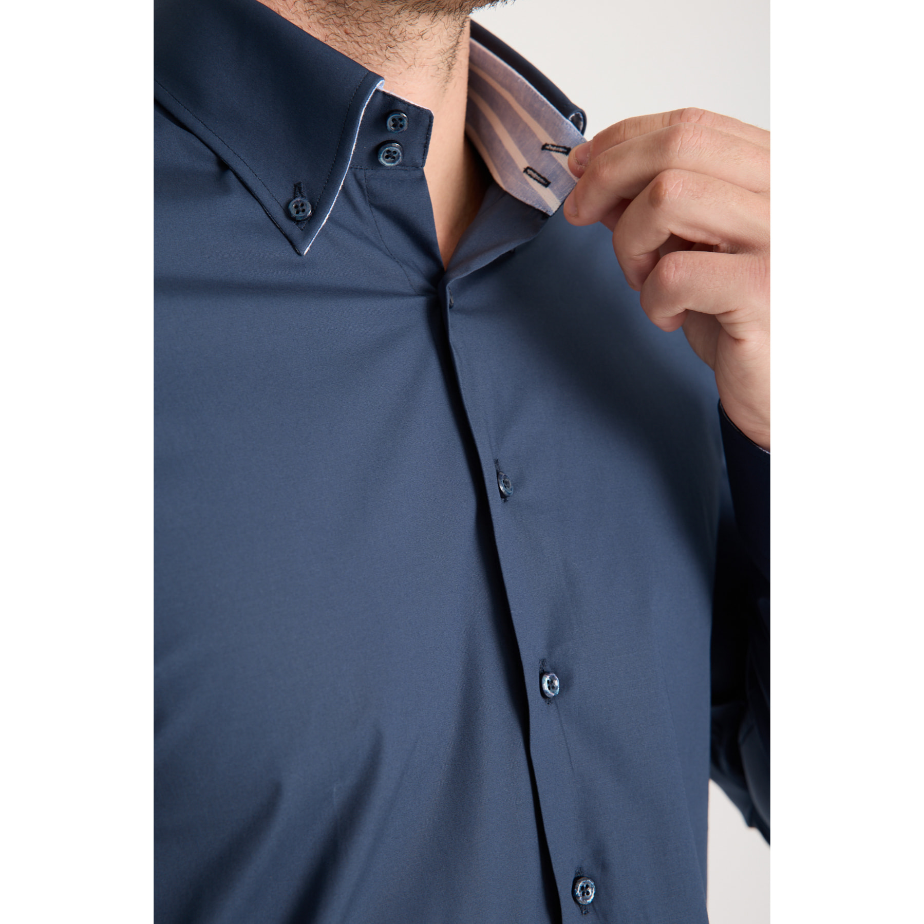 Camicia Uomo 2 Bottoni Button Down Slim Popeline Stretch Unito Blu