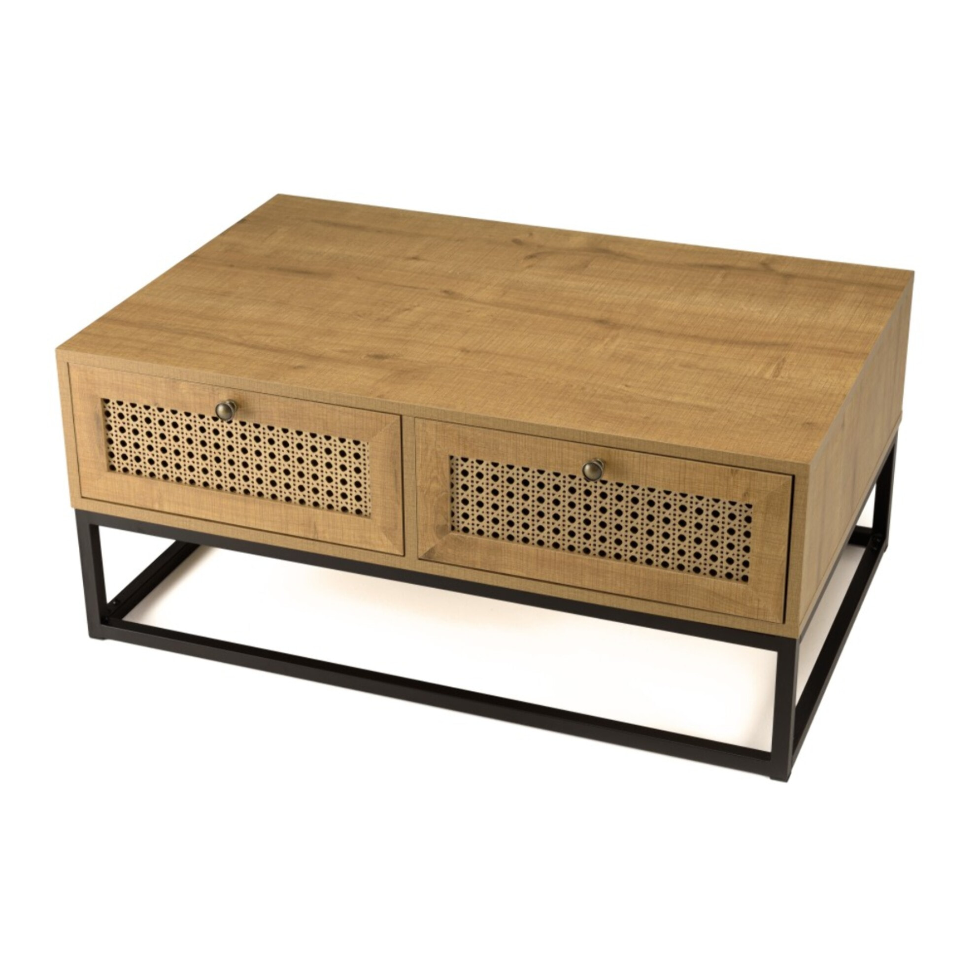CHARLIE - Table basse marron 4 tiroirs effet cannage pieds métal noir
